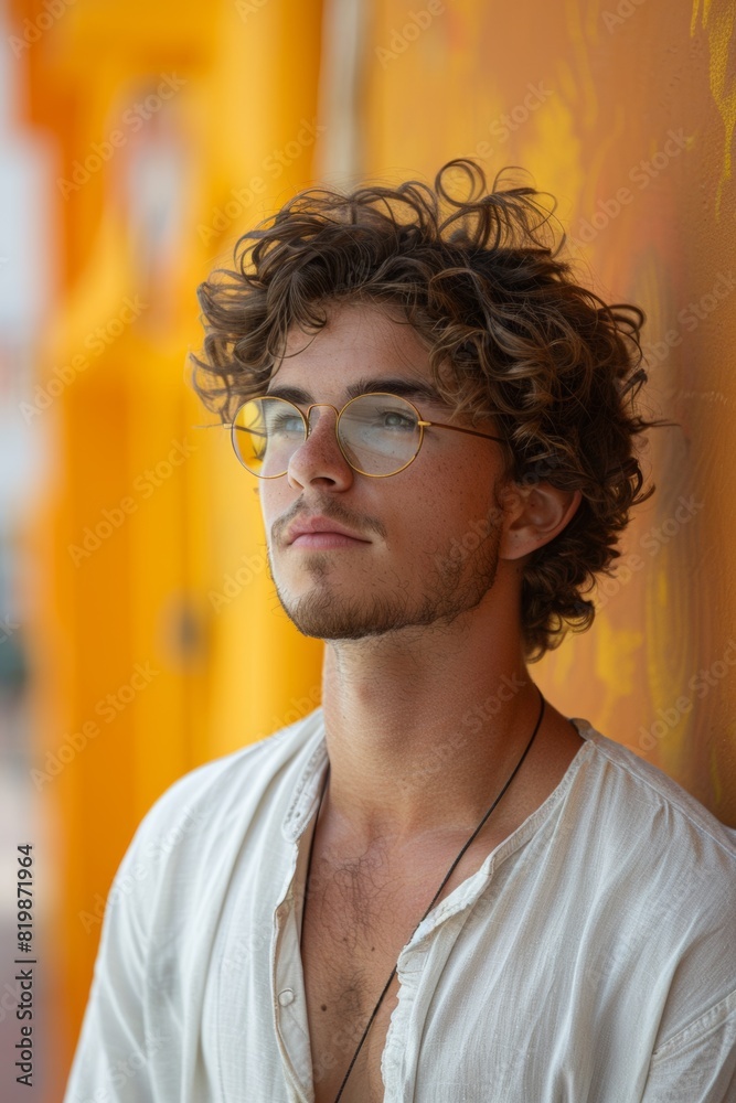 Canvas Prints A man with curly hair wearing glasses and a white shirt, AI