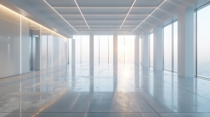 Chic, empty showroom with metallic accents and large windows exudes futuristic aesthetics.
