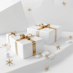 white gift boxes with a gold bow on a white background