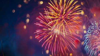 A fireworks display with a blue sky background
