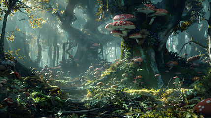 A forest scene with a large mushroom tree in the middle