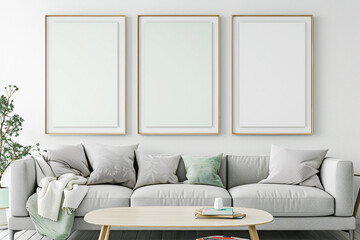 Three blank horizontal poster frames in a Scandinavian style living room with a light gray and mint green theme. Frames are aligned horizontally above a minimalist coffee table.