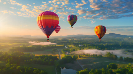Fototapeta premium A group of hot air balloons are flying over a lush green field