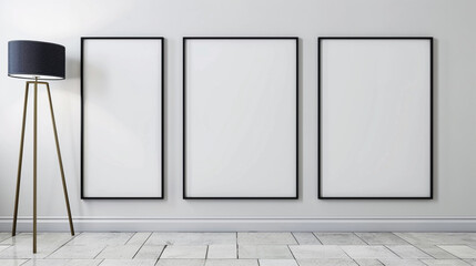 Three blank horizontal poster frames in a Scandinavian style living room with a crisp white and navy blue color scheme. Frames are aligned vertically beside a stylish floor lamp.