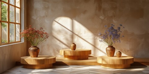 Three wooden circles with vases of flowers on a table in a room with beige walls and sunlight streaming through a window, creating a serene and minimalist scene