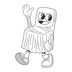 Retro character of cute wedding guest chairs. Black and white vector illustration for coloring book
