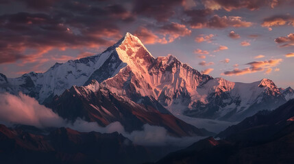 A mountain range with a large peak in the background and a cloudy sky