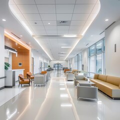 The photo shows a modern hospital waiting room with comfortable seating and a bright, inviting atmosphere.