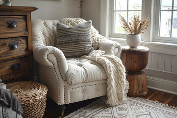 In a residential luxury setting, comfortable armchair exudes elegance in a rustic interior.