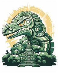 The dinosaur is standing in front of a pyramid