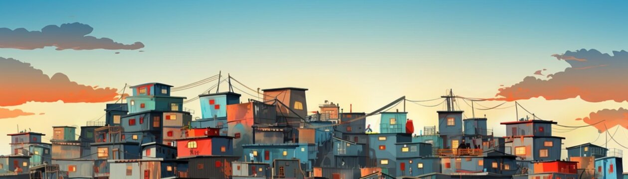 shantytown rooftops with money cascading down flat design side view skyline savings theme 3D render vivid