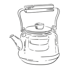 Glass teapot drawn with vintage lines. Isolated vector illustration. A teapot drawn as an engraving.
