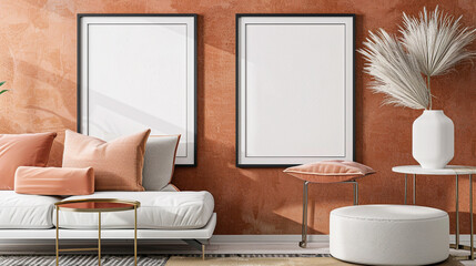 Two blank horizontal poster frames in a Scandinavian style living room with a warm terracotta and white color palette. Frames are side by side above a modern side table.