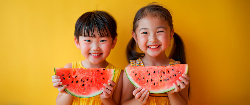 Two happy asian kids with watermelon and clear background - Powered by Adobe
