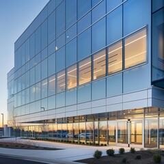 The photo shows a modern office building made of reflective glass.