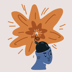 Cartoon vector illustration of Emotional stress, anger and impulsive emotions, holding a burning match in hand to light the bomb in the brain