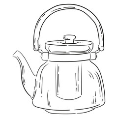 Glass teapot drawn with vintage lines. Isolated vector illustration. A teapot drawn as an engraving.