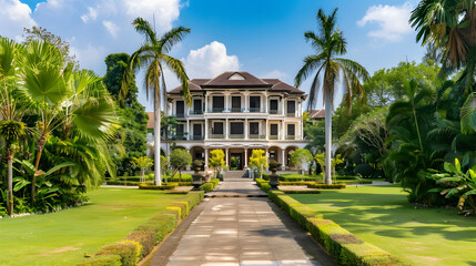 A large house with a lush green lawn and palm trees in the background