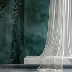 Emerald Green Marble Tile Detail against a Dark Teal Stucco Wall in Minimalist Style