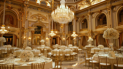 A large room with a chandelier and tables with white tablecloths and flowers
