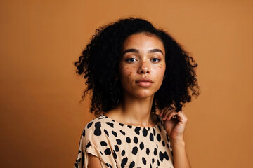 Young woman with freckles poses against a warm backdrop. Generative AI image