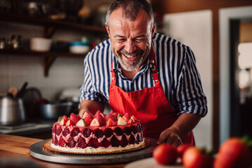 A senior man wearing an apron is meticulously decorating a cake with icing and piping, showcasing culinary skills and attention to detail. Generative AI