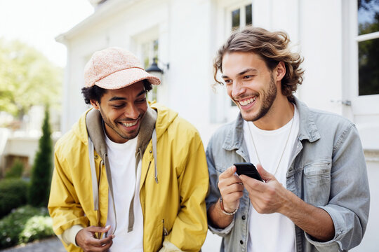 Two men standing side by side in a casual pose, facing forward. Generative AI