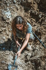 A woman digging in the dirt with a shovel, suitable for gardening projects