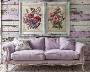 Vintage chic bedroom with a soft lavender sofa and one horizontal poster frame showcasing vintage...