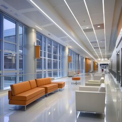 The photo shows a modern and spacious hospital waiting room with comfortable seating and plenty of natural light.