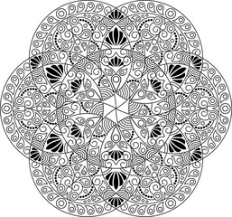 Circular abstract floral pattern. Mandala. Round vector ornament with intertwined branches, flowers, and curls. Arabesque.
