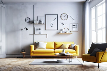 A modern living room with yellow furniture and white walls