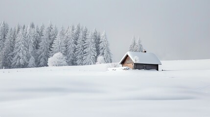 A lonely cabin in a snowy forest. The cabin is made of wood and has a snow-covered roof. The trees are bare, and the snow is thick on the ground.