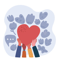 Cartoon vector illustration of people Hands holding big heart. Concept love, health, charity, help, insurance.
