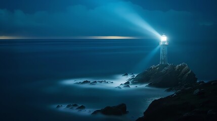 The dark sea is lit up by the bright light of the lighthouse.