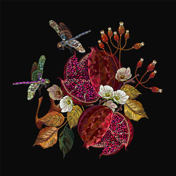 Ripened red pomegranate, dragonflies, autumn leaves and white flowers. Embroidery style. Fall garden art. Fashion template for design, textile