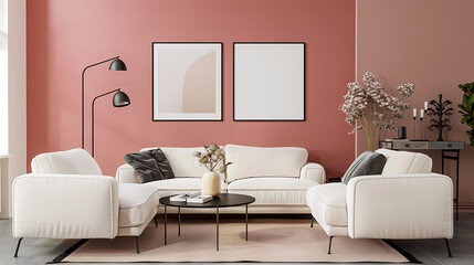 Frame mockup, ISO A paper size, modern living room with Pink walls, black floor lamp and coffee table. Generative AI