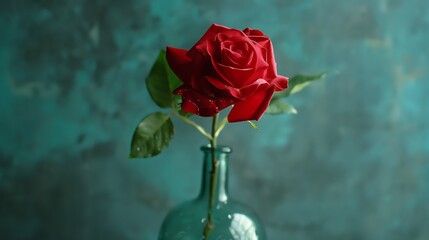 A beautiful red rose in a glass vase against a dark blue background.