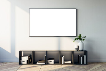 Stylish living room with wall-mounted TV displaying a blank screen for customizable content, surrounded by chic decor. 3D Render