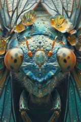 Fototapeta premium A close up of a blue and gold insect with many eyes, AI