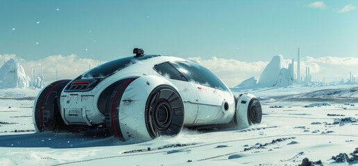 A futuristic car is driving through a snowy landscape, AI