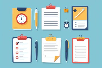 Office supplies set including clipboard, pen, and clock. Perfect for business and time management concepts