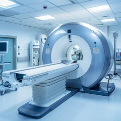 The image shows a modern MRI machine in a hospital setting. The machine is surrounded by blue walls and there is a computer console next to it.