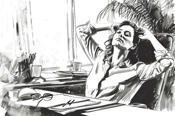 Black and white drawing of a woman sitting at a desk. Ideal for business concept designs