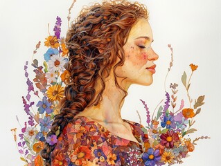 Fototapeta premium A charming woman with braided brown and gold hair, dressed in a bohemian dress with vibrant floral designs, on a white background, Watercolor, Light hues, Delicate details