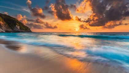 Sunset over tropical island beach with motion blurred sea waves