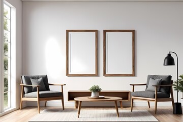 Modern living room with blank frames on wall, Mockup, Armchair, Interior