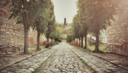 Perspective of cobblestone road with trees lined on both sides leading toward small town
