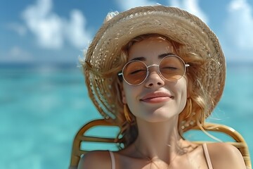 Summer Vacation: Woman Relaxing in Sun Hat and Sunglasses by Turquoise Sea - Perfect for Travel Posters and Holiday Brochures