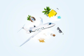 airplane flies in the clouds with luggage bag, compass, glasses, coconut, palm trees, swimsuit and...